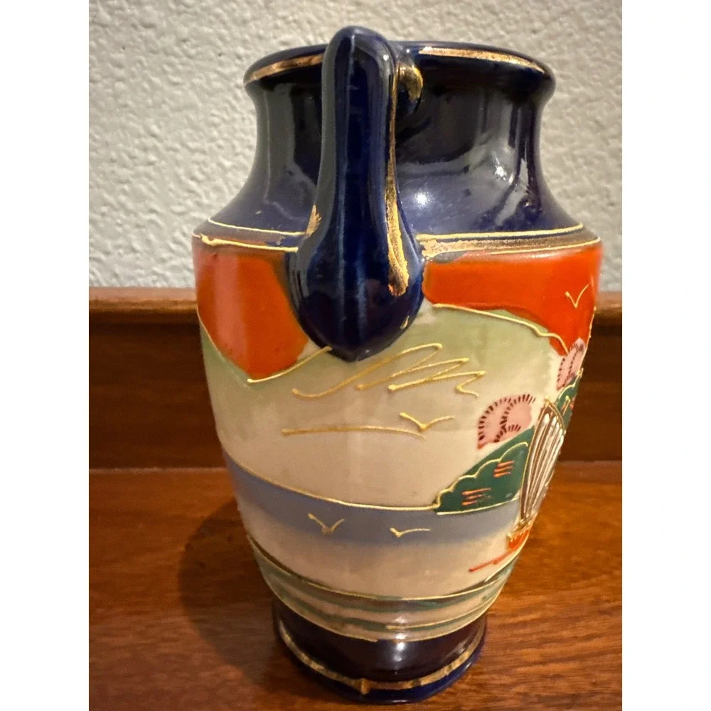 Vintage Japanese Vase Cobalt Blue Orange Landscape Scene Gold Trim Handles 6.75